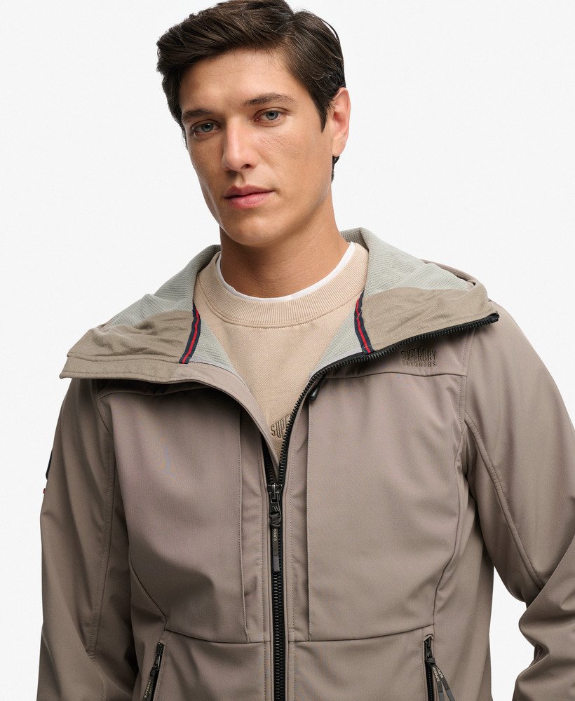 Men's Hooded Softshell Trekker Jacket-Fort Taupe-Close Up View
