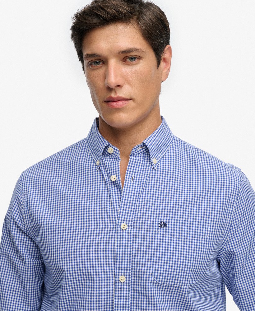 Men's Preppy Poplin Long Sleeve Shirt-Montauk Navy Gingham-Collar & Button View
