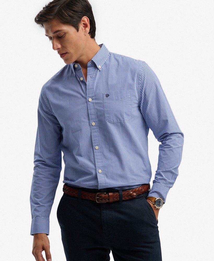 Men's Preppy Poplin Long Sleeve Shirt-Montauk Navy Gingham-Closer View of the Front