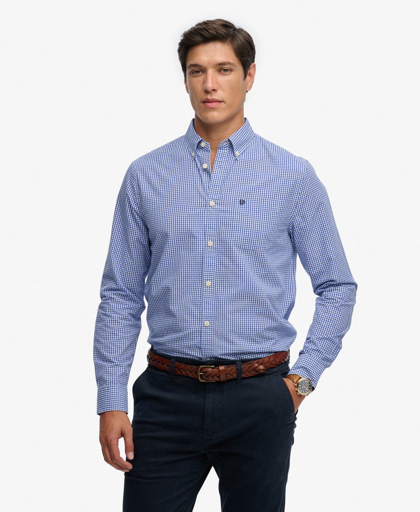 Men's Preppy Poplin Long Sleeve Shirt-Montauk Navy Gingham-Model Front View