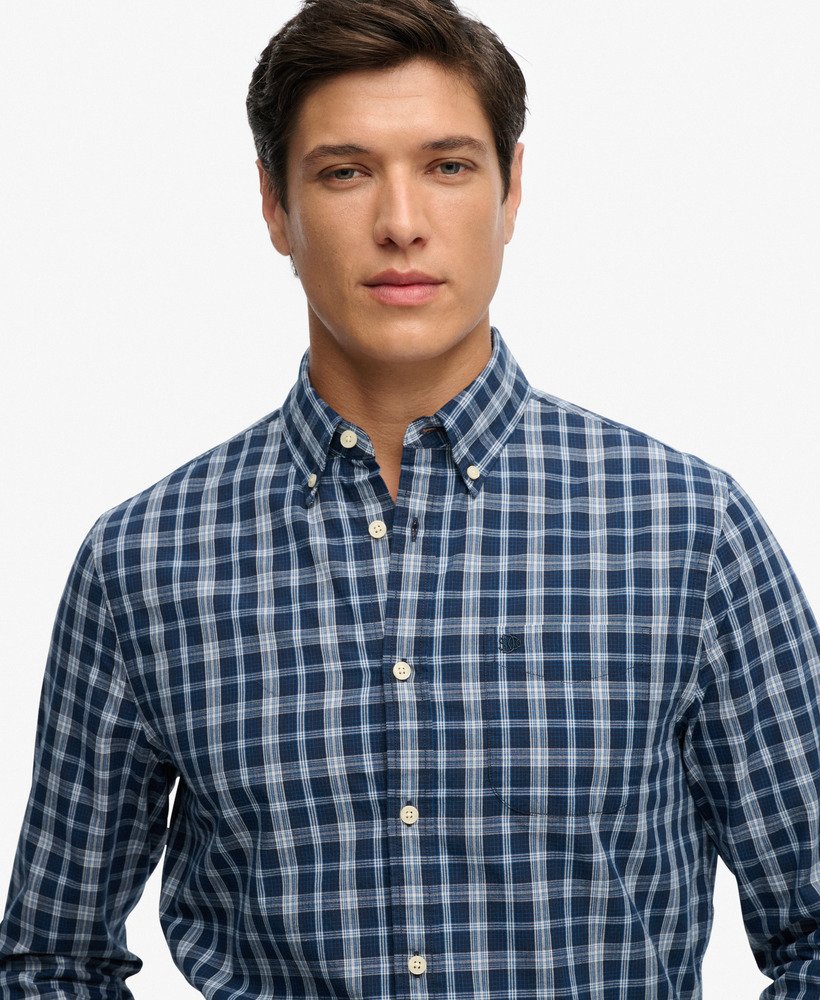 Men's Preppy Poplin Long Sleeve Shirt-Wainscott Navy Check-Closer View of the Front