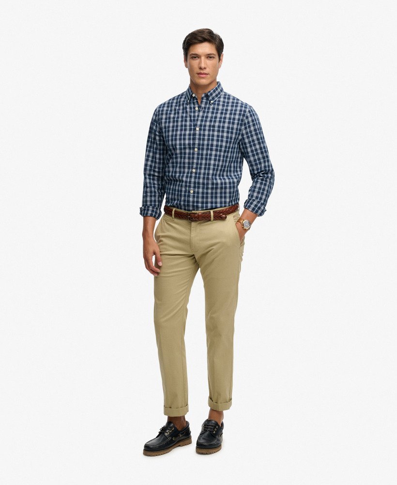 Men's Preppy Poplin Long Sleeve Shirt-Wainscott Navy Check-Model Full Front View