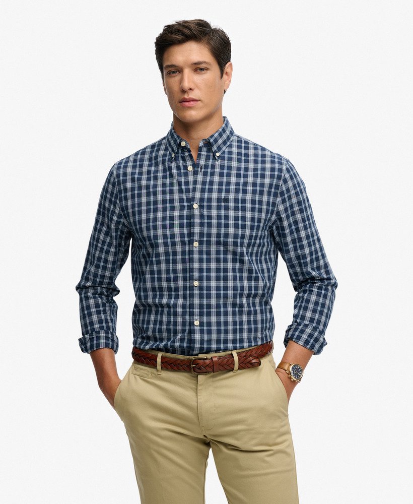 Men's Preppy Poplin Long Sleeve Shirt-Wainscott Navy Check-Model Front View