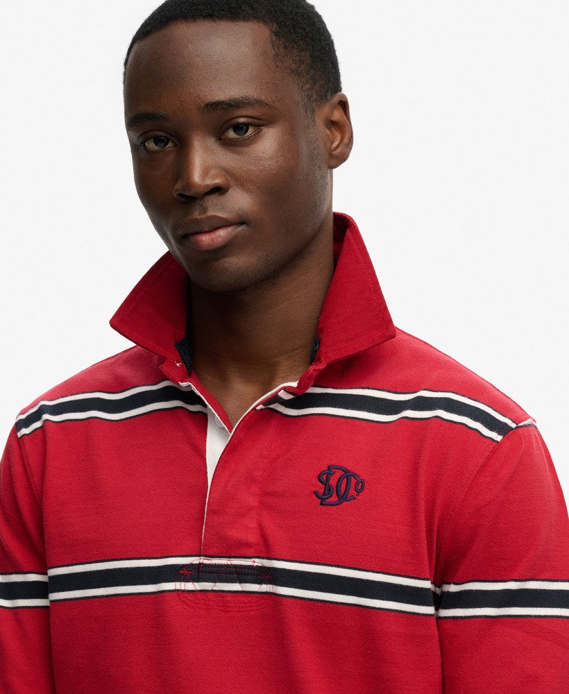 Men's Vintage Athletic Stripe Rugby-Red Stripe-Close Up View