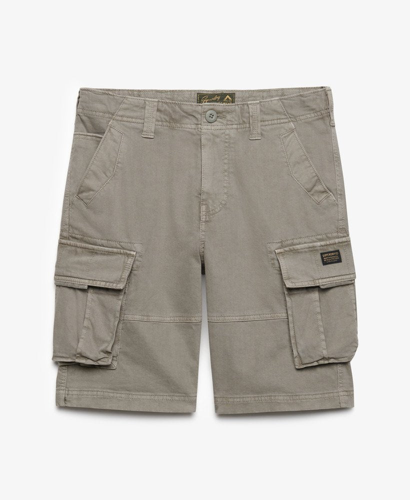 Beige cargo shorts on a white background