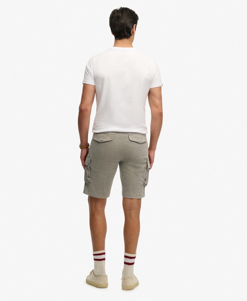 Person wearing a white t-shirt and beige cargo shorts on a white background