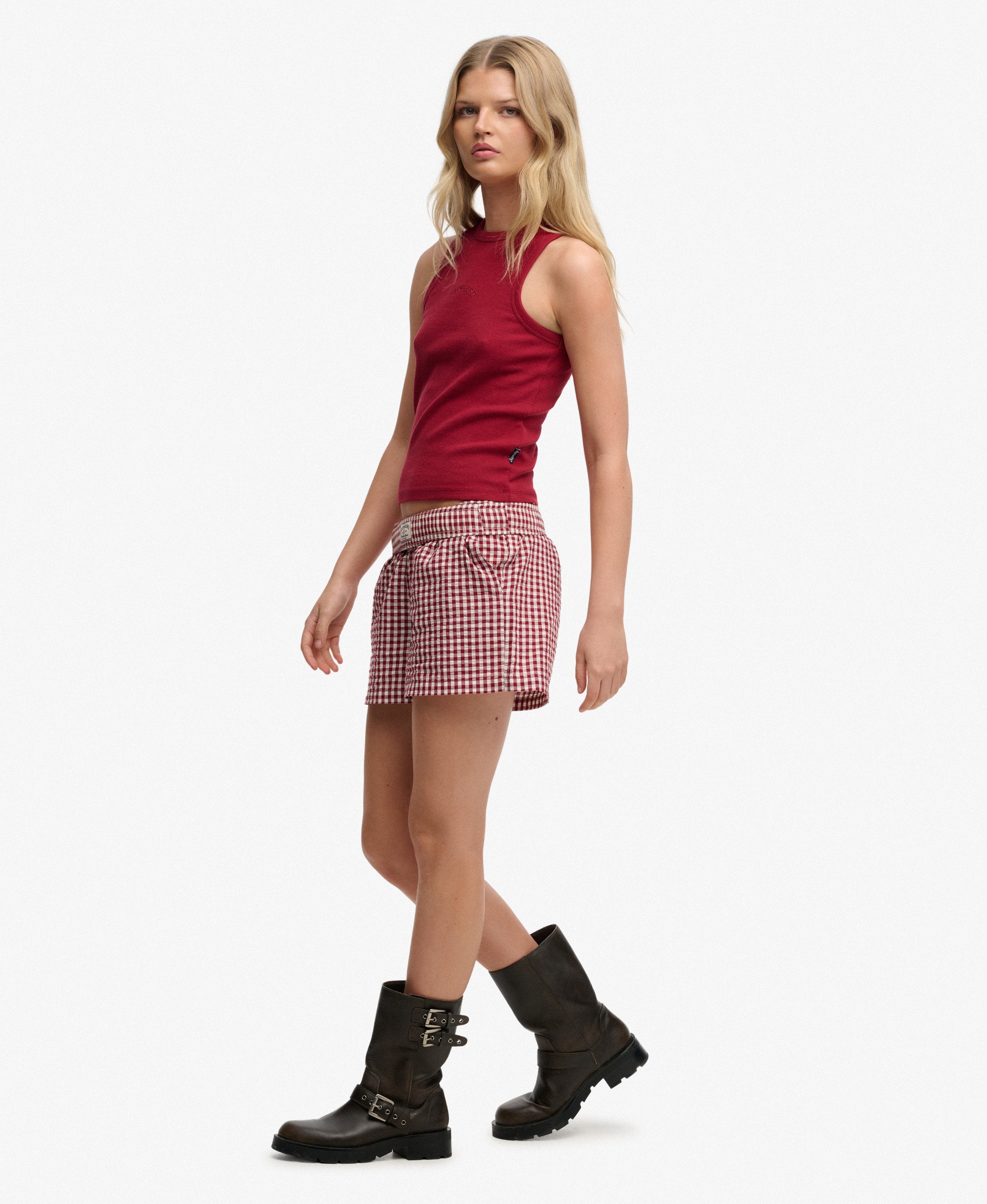 Superdry Ladies Cotton Stripe Elastic Short-Red Gingham Red Gingham detail view