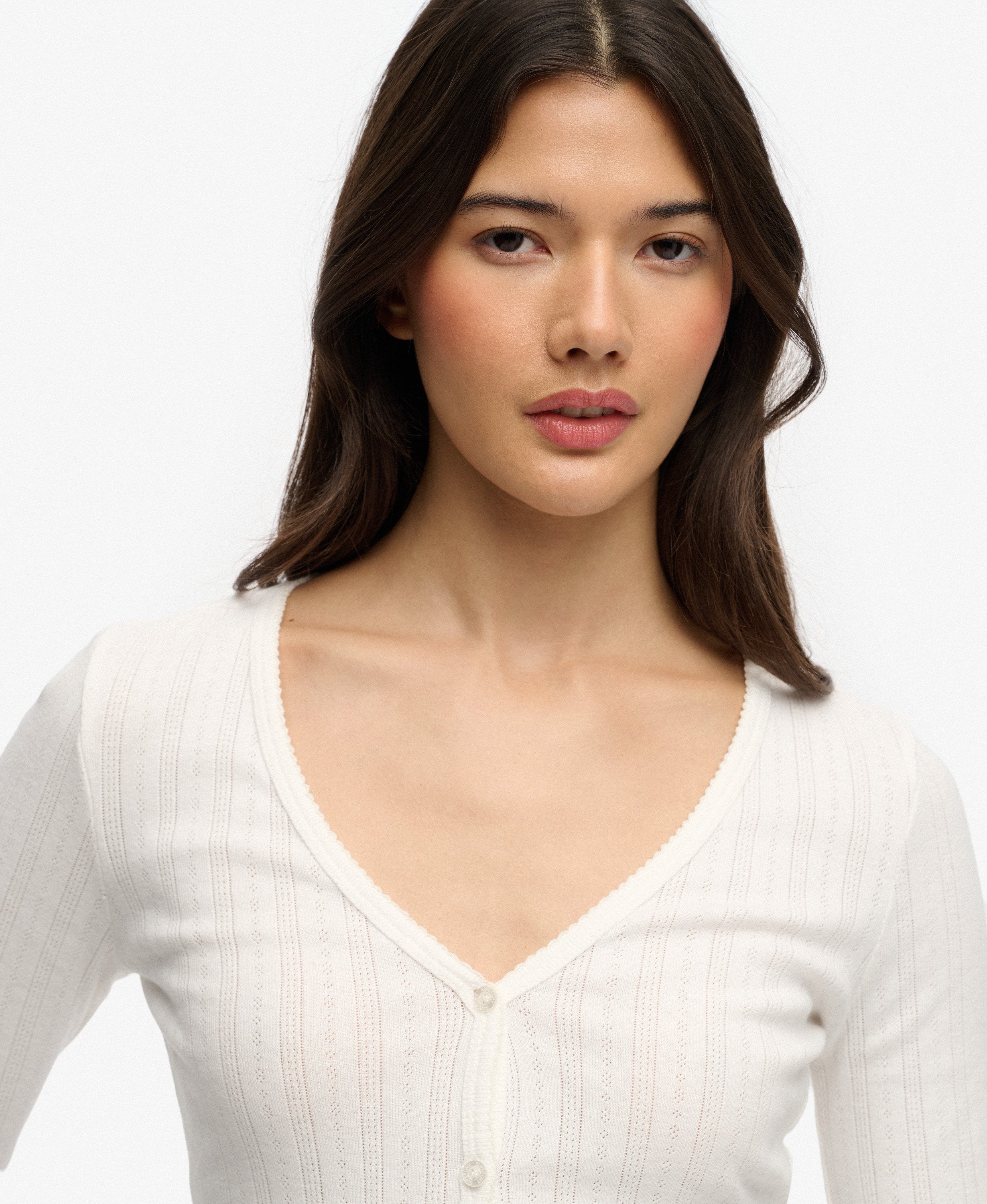 Ladies Ath Ess Pointelle Cardigan-Off White-Neck View