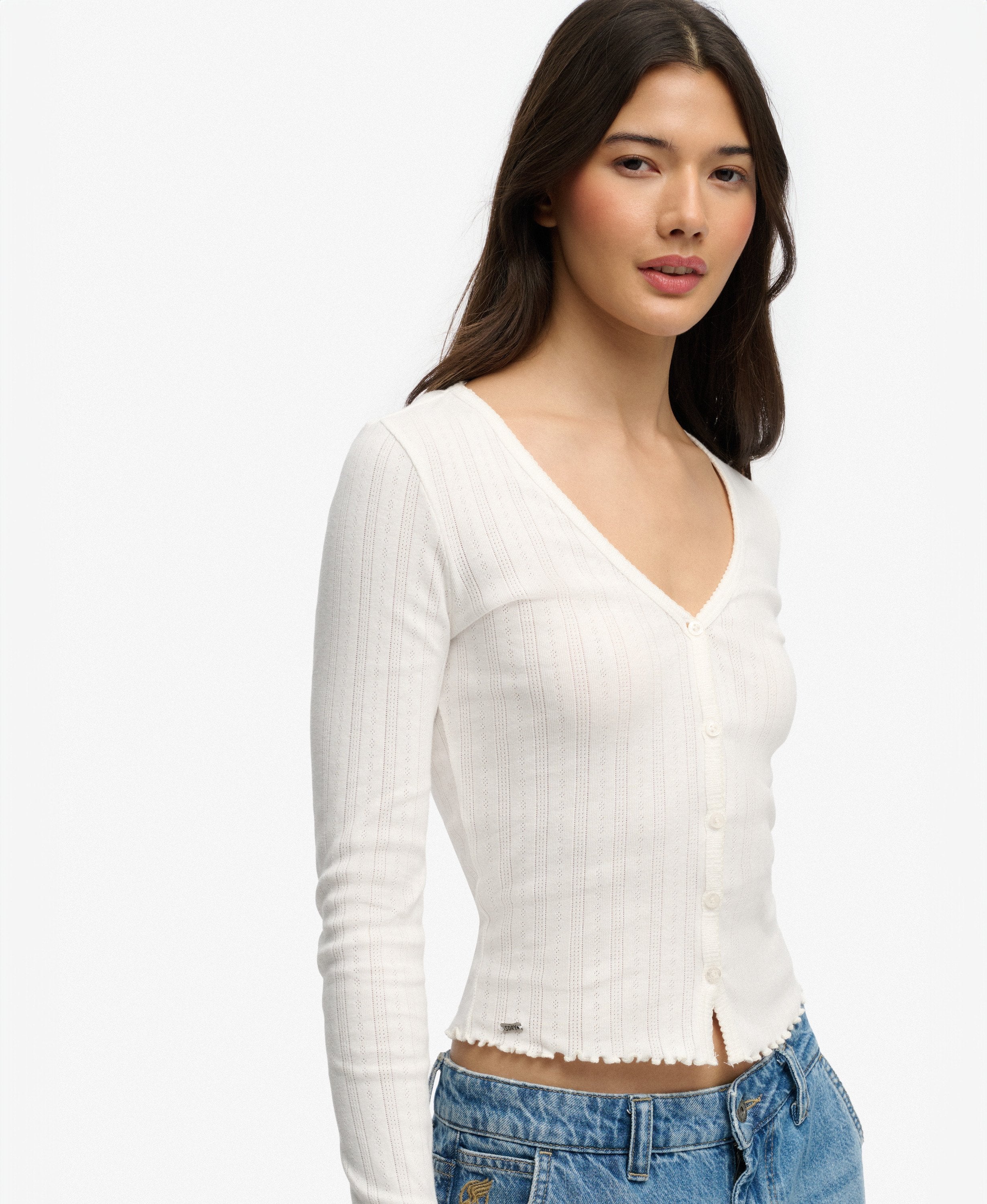 Ladies Ath Ess Pointelle Cardigan-Off White-Side View