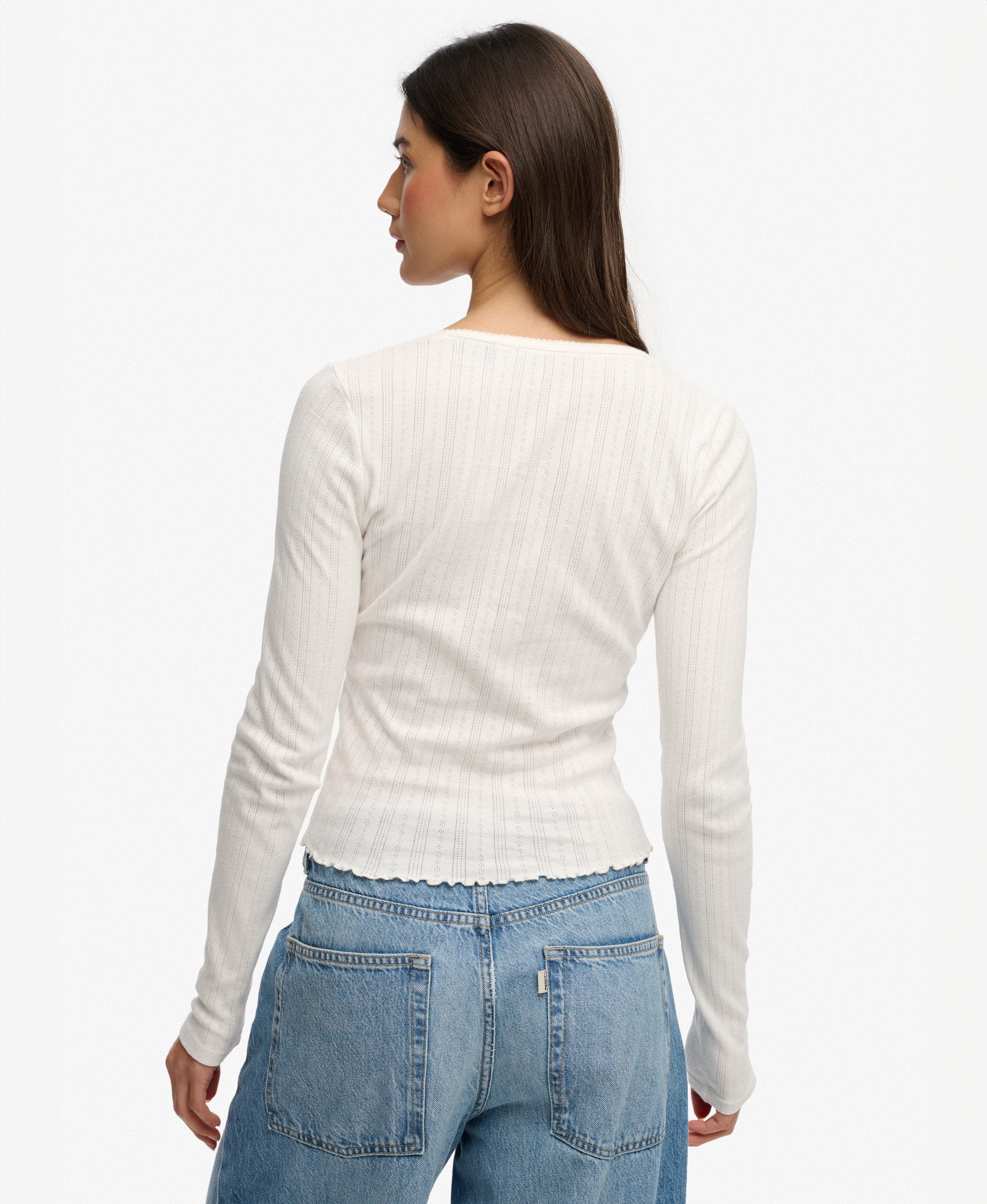 Ladies Ath Ess Pointelle Cardigan-Off White-Model Back View