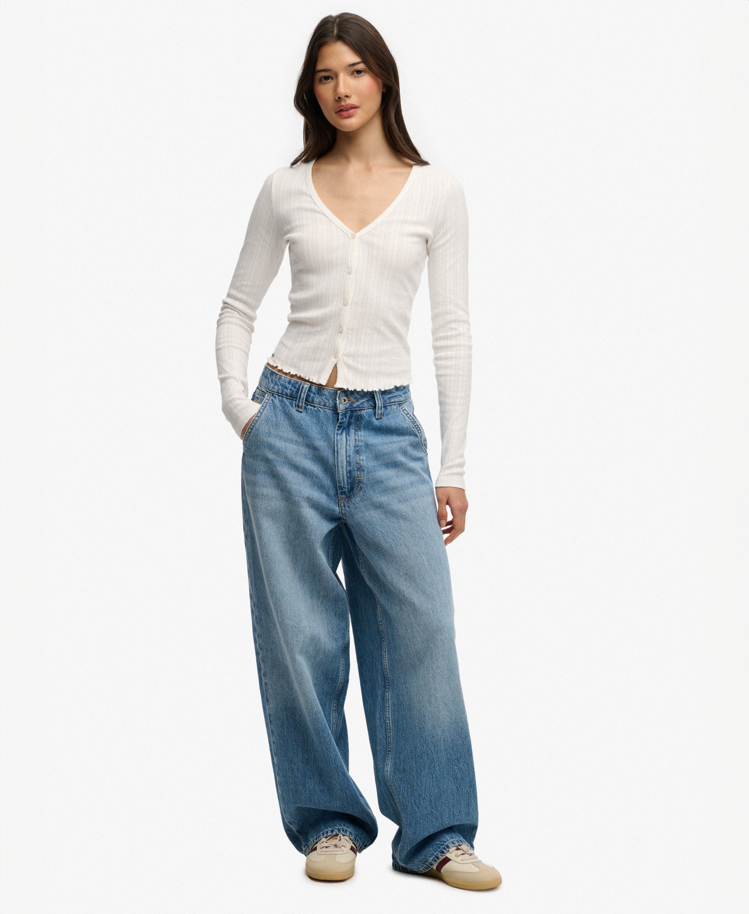 Ladies Ath Ess Pointelle Cardigan-Off White-Model Full Front View