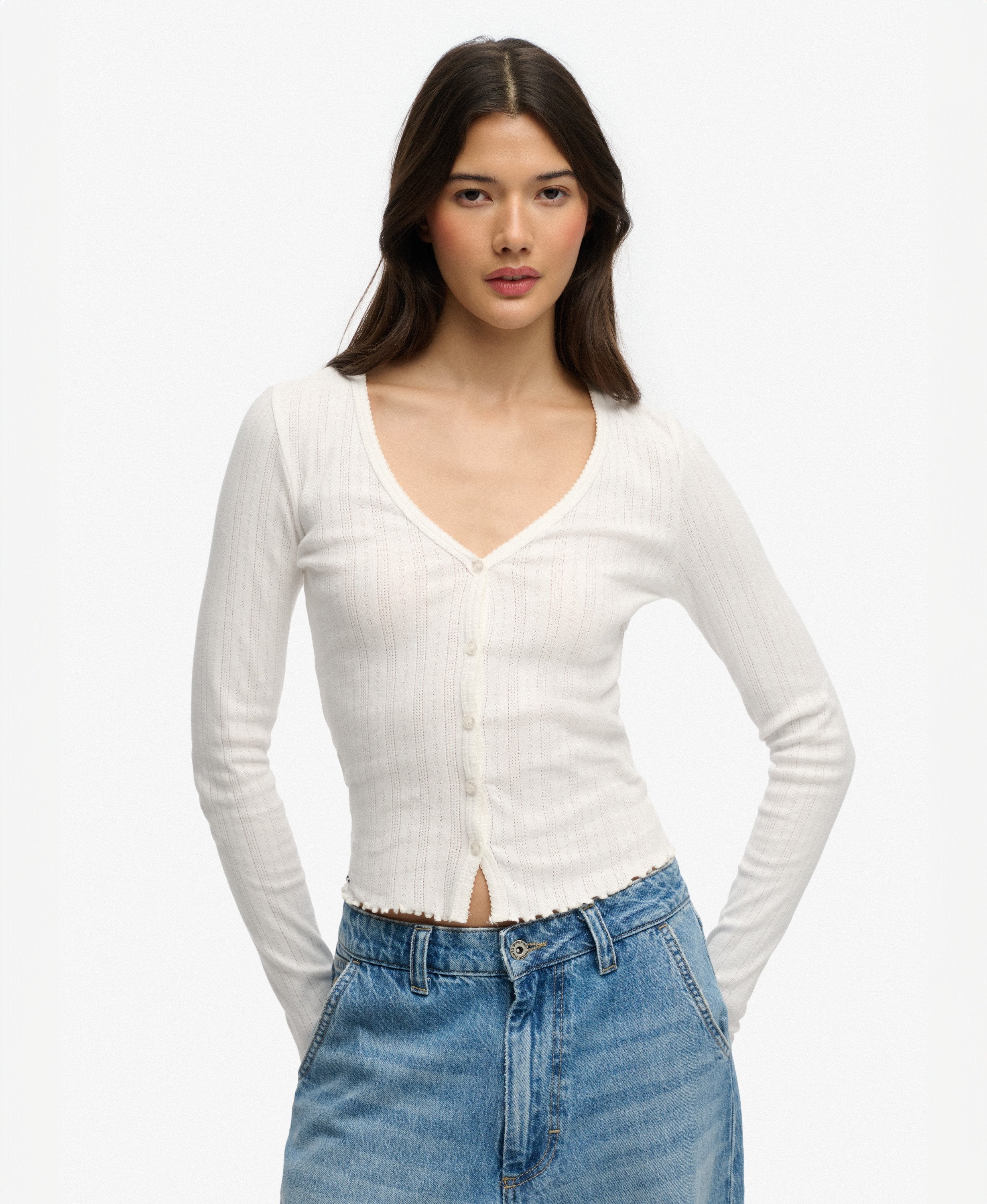 Ladies Ath Ess Pointelle Cardigan-Off White-Model Front View