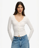 Ladies Ath Ess Pointelle Cardigan-Off White-Model Front View
