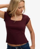 Superdry Ladies Ath Ess Square Neck Tee-Port Red Port Red model front view
