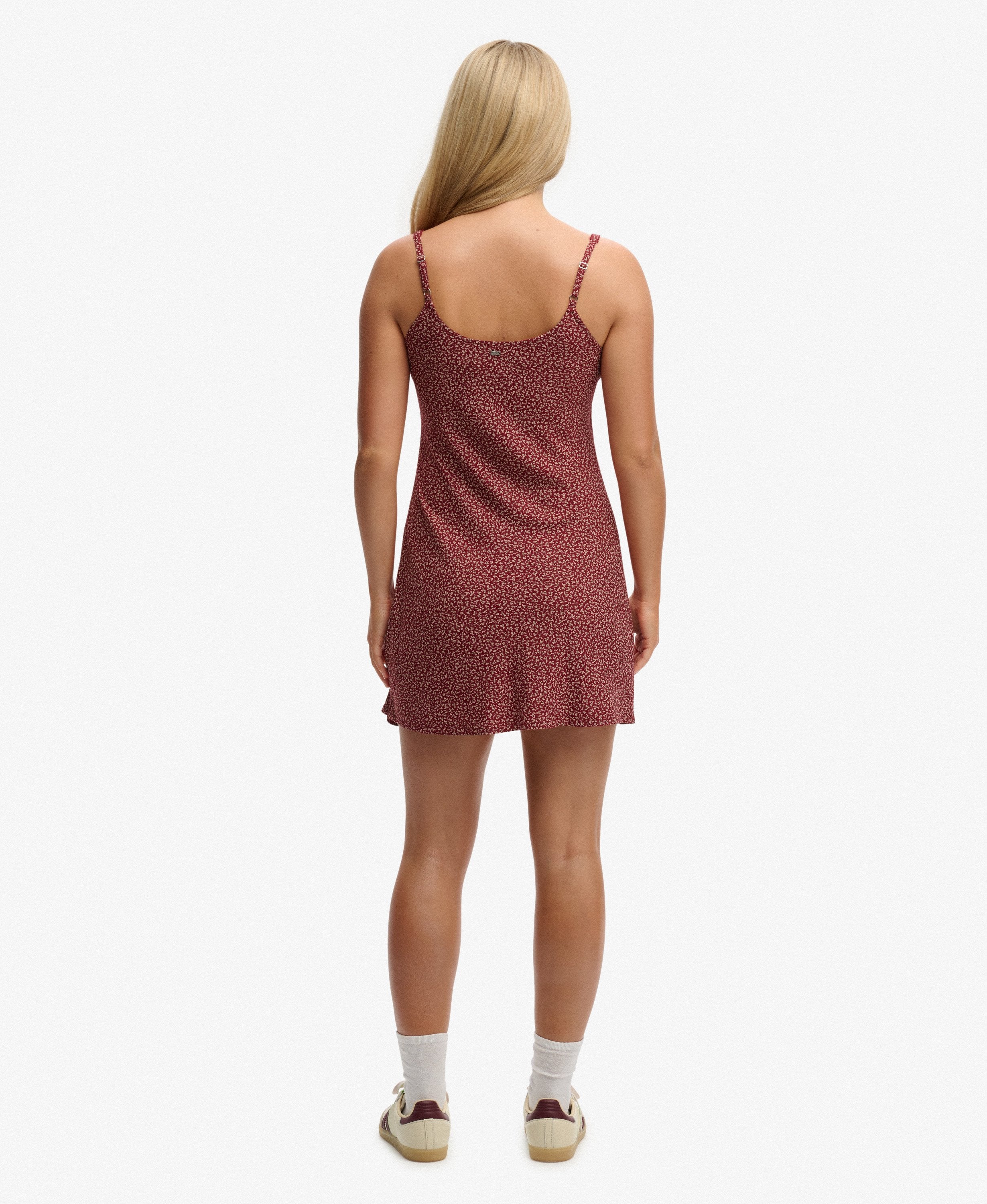 Superdry Ladies Printed Cami Mini Dress-Bordeaux Red Mini Roses Bordeaux Red Mini Roses flat front view