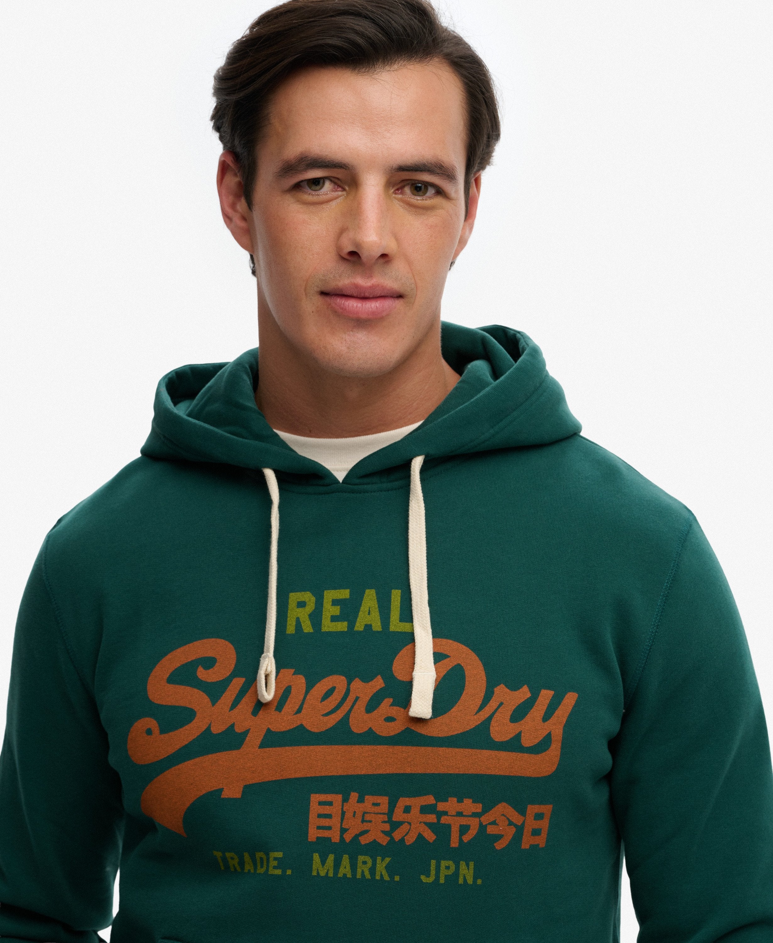 Man wearing a green hoodie with SuperDry branding on a white background