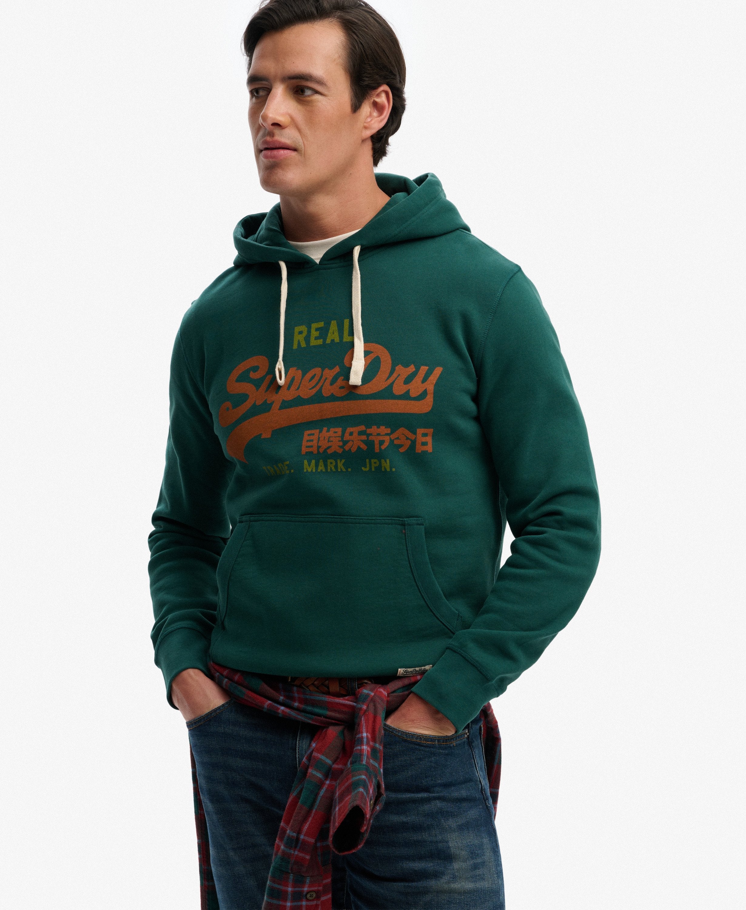 Man wearing a green hoodie with Superdry logo on a white background