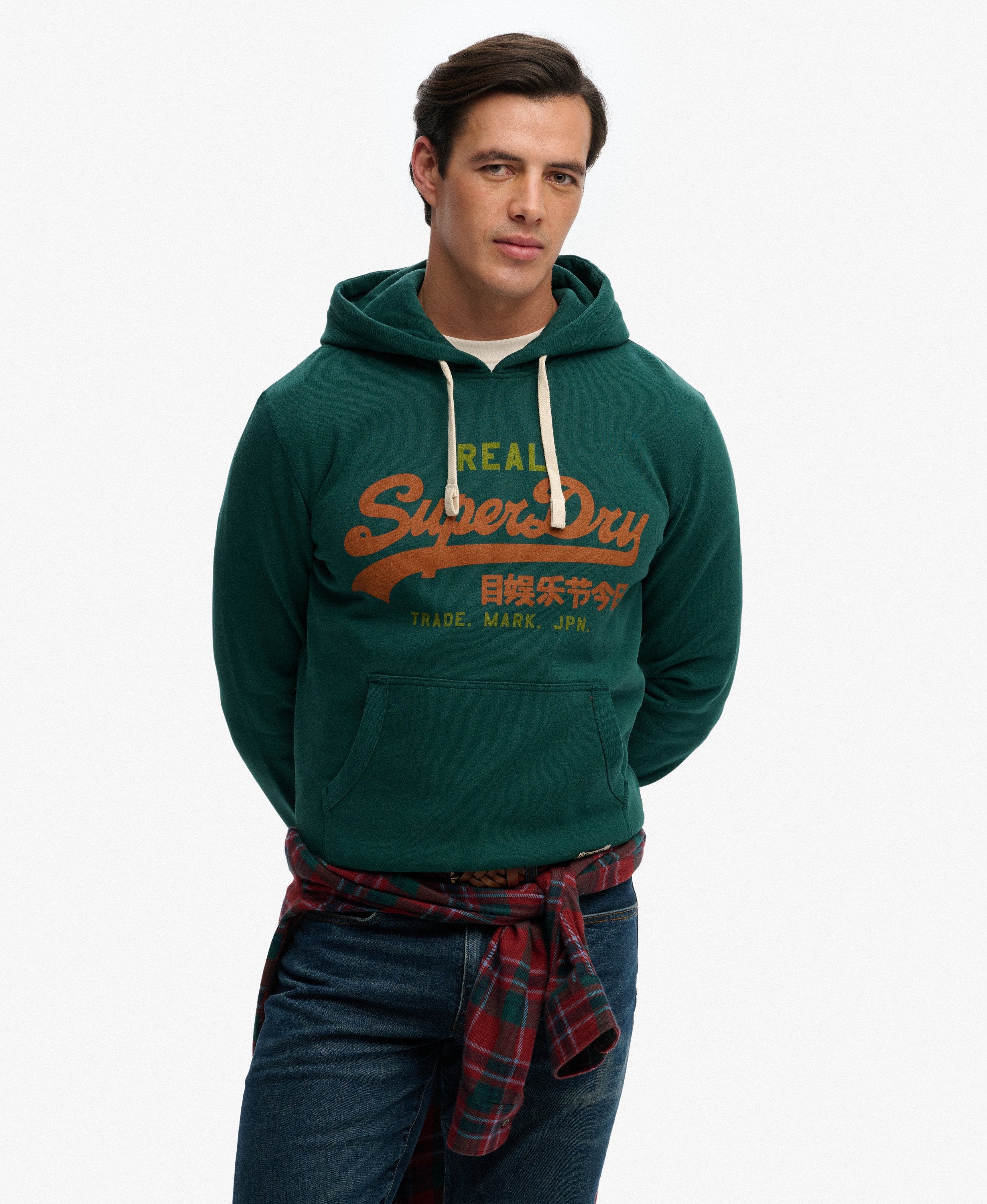 Man wearing a green hoodie with Superdry logo on a white background