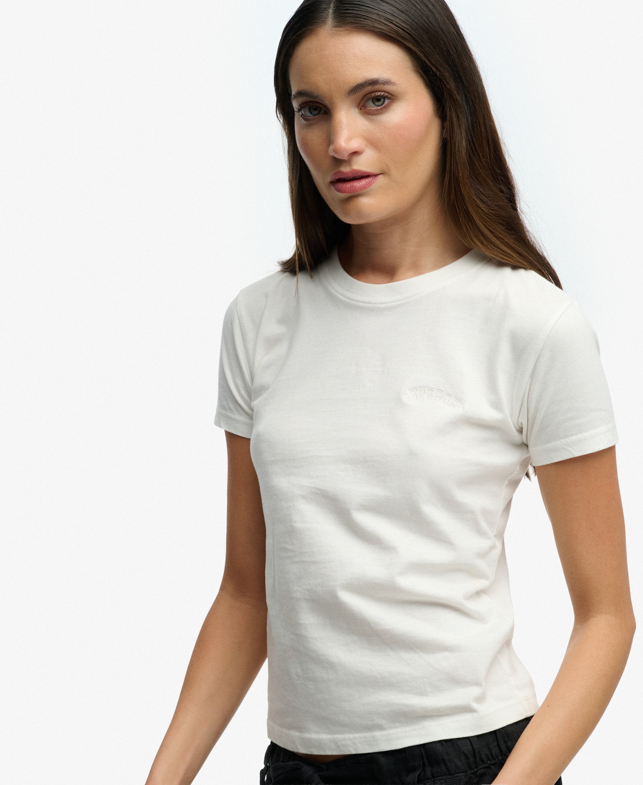 Superdry Ladies Essential Logo Fitted Tee Ind-Desert Bone Off White Desert Bone Off White model front view