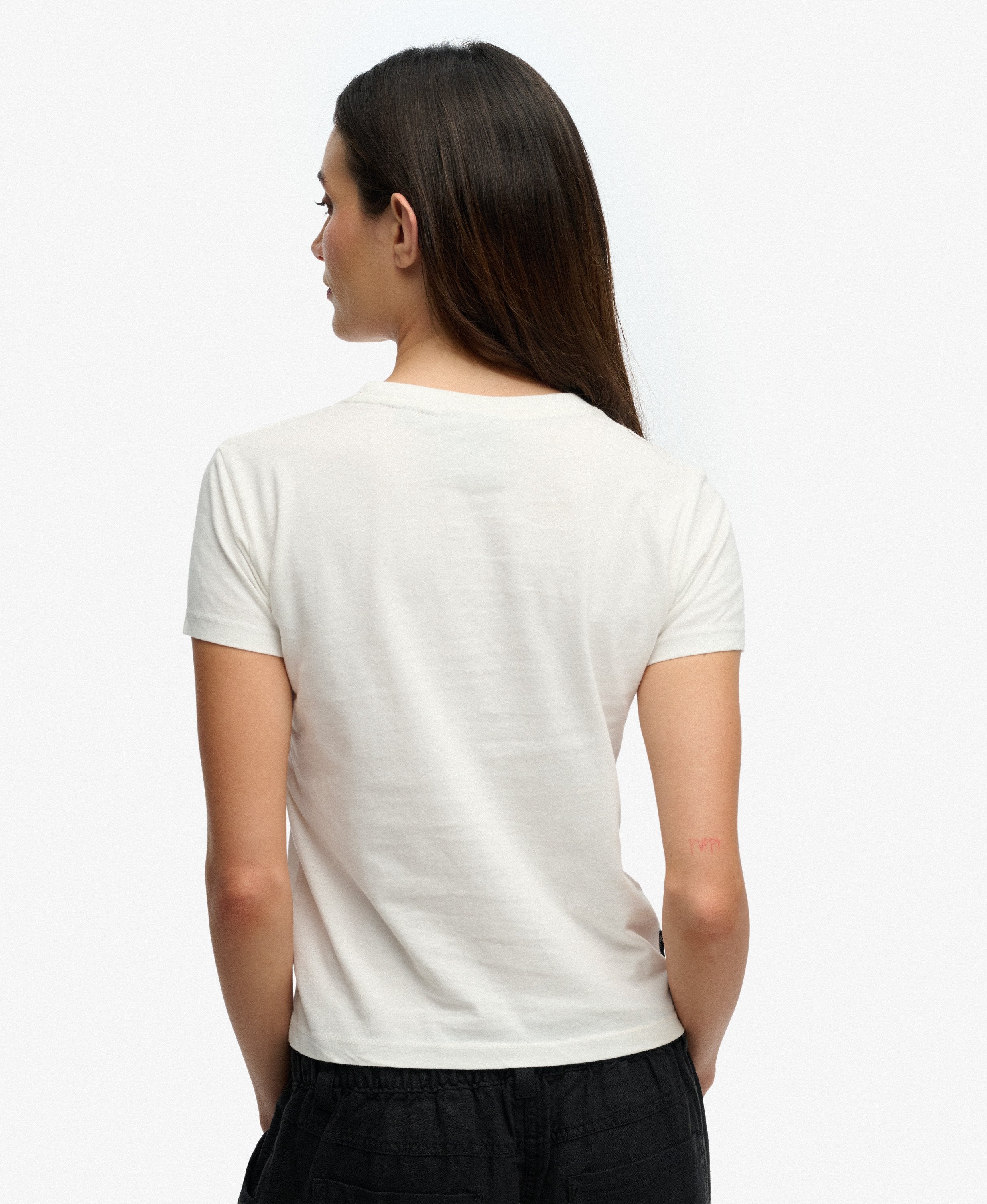 Ladies Essential Logo Fitted Tee Ind-Desert Bone Off White-Model Back View