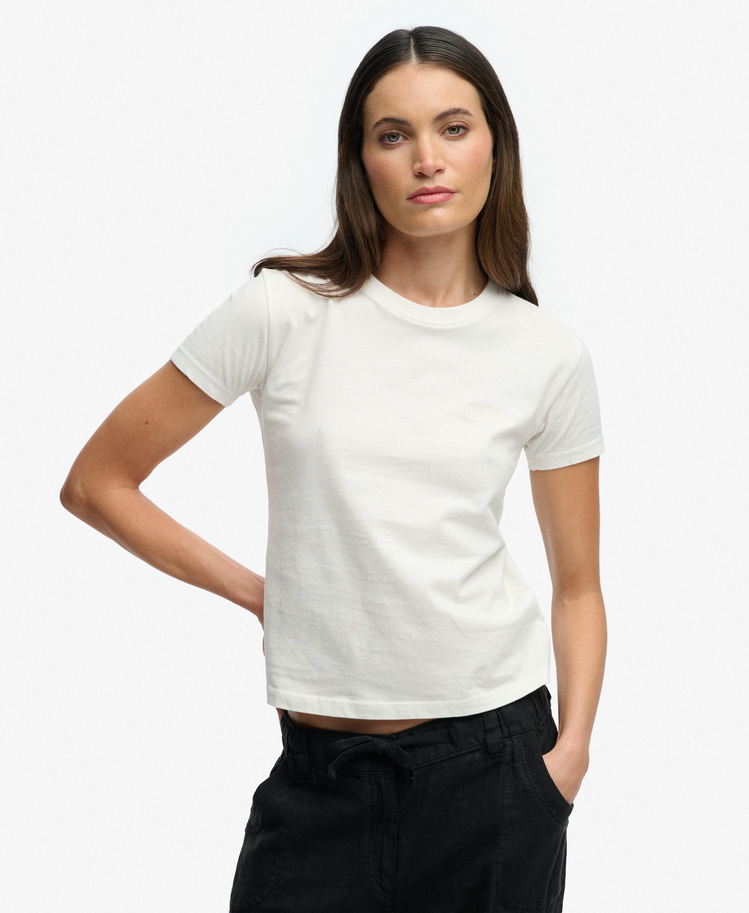 Superdry Ladies Essential Logo Fitted Tee Ind-Desert Bone Off White Desert Bone Off White front view