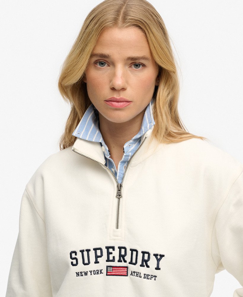 Ladies Ath Ess Graphic Half Zip-Desert Bone Off White-Zip Fastening View