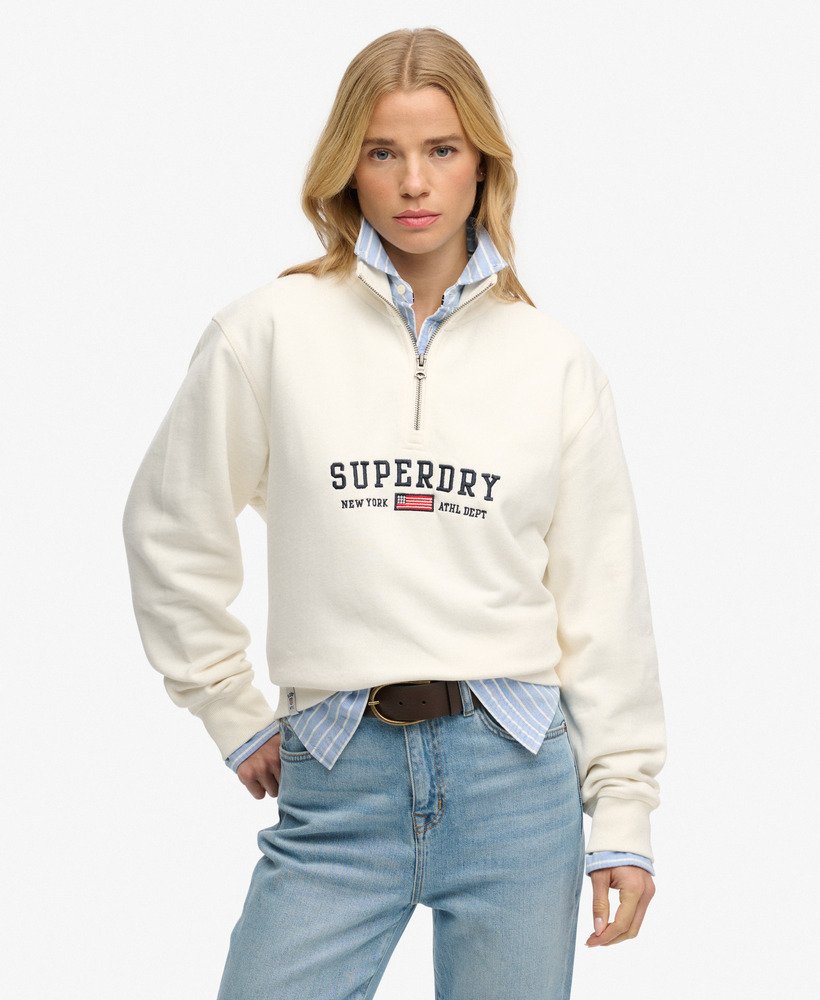 Ladies Ath Ess Graphic Half Zip-Desert Bone Off White-Model Front View