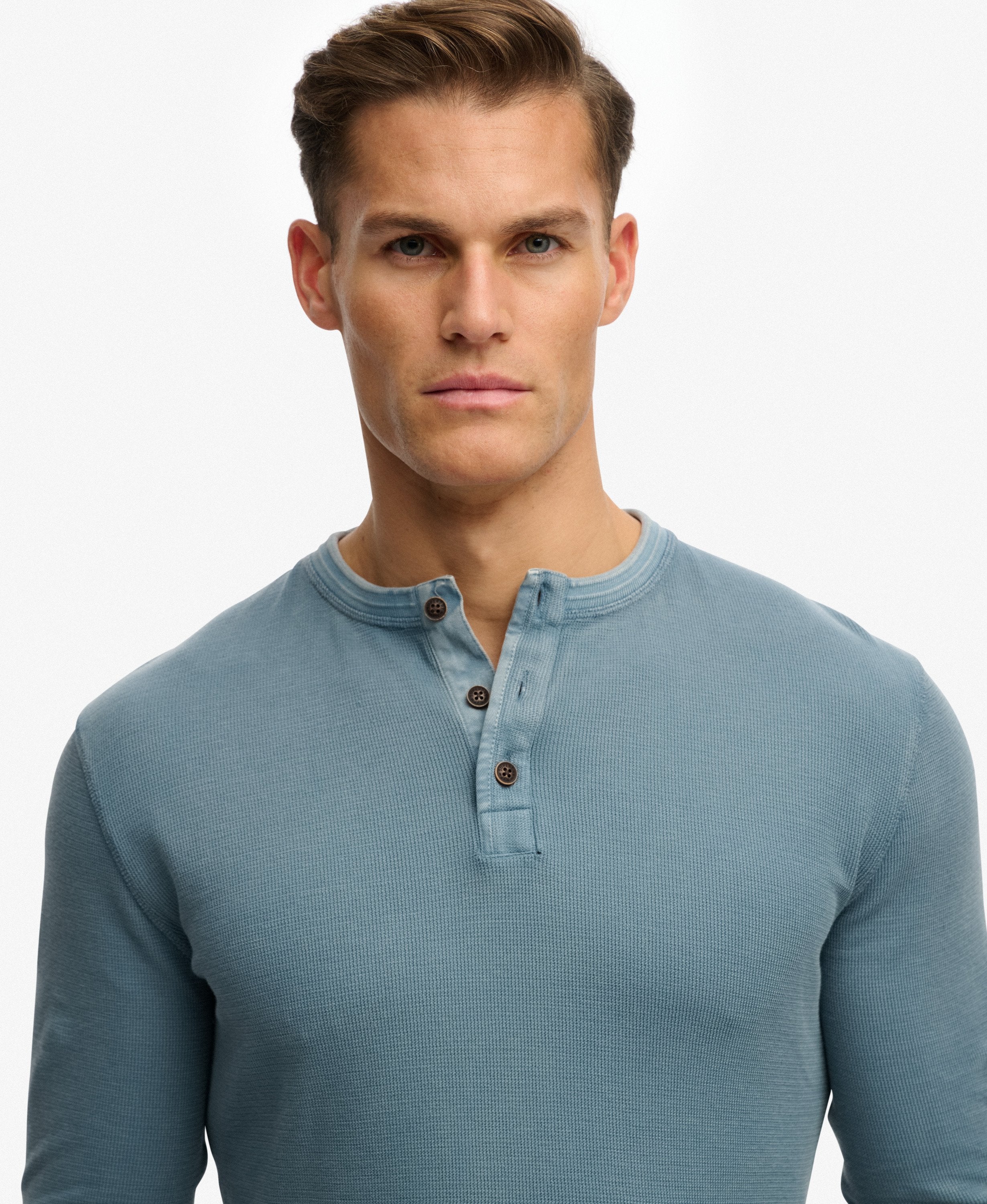 Men's Lightweight Textured Grandad Top-Copen Blue-Close Up View