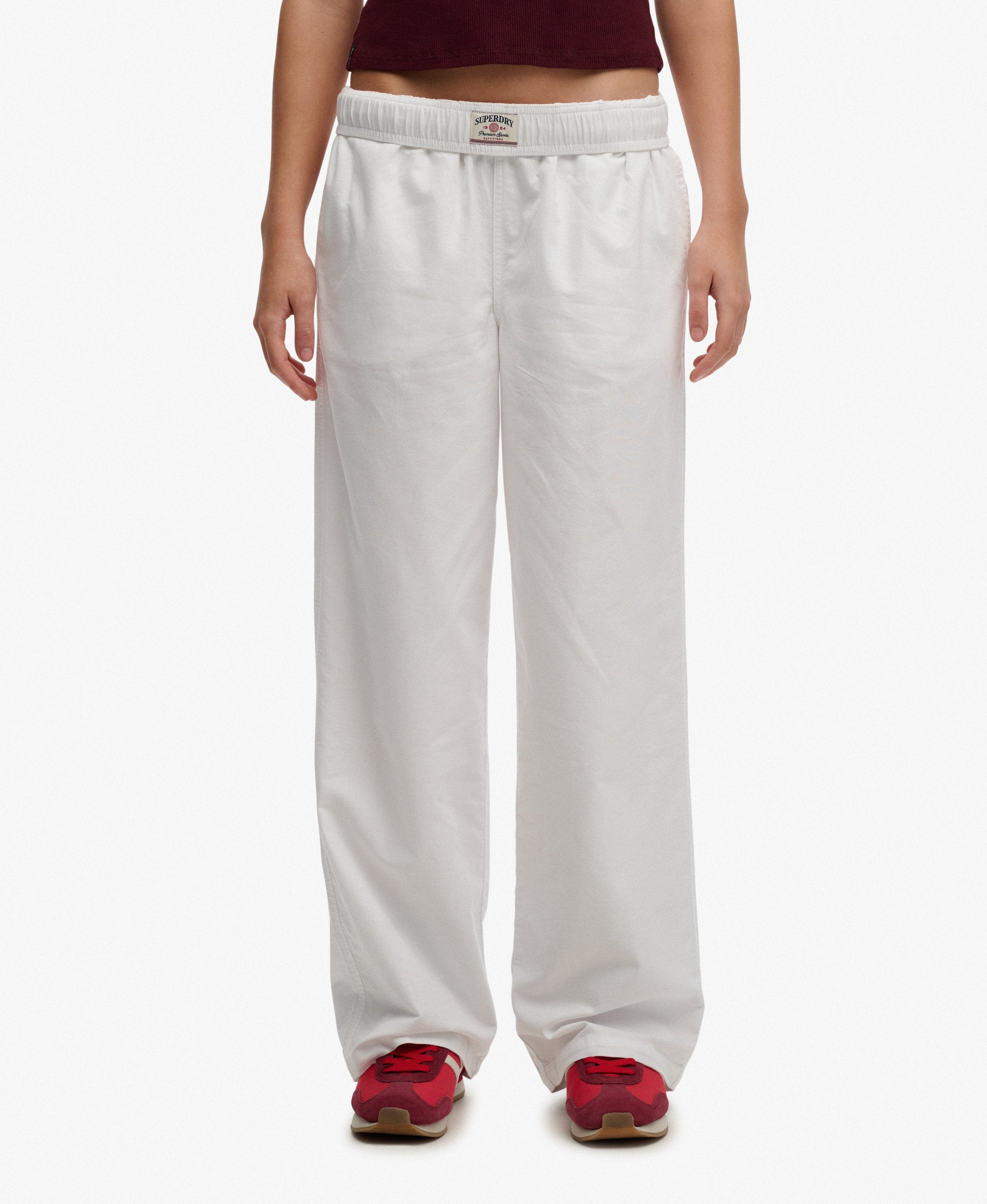 Superdry Ladies Cotton Elastic Trouser- Optic optic model front view