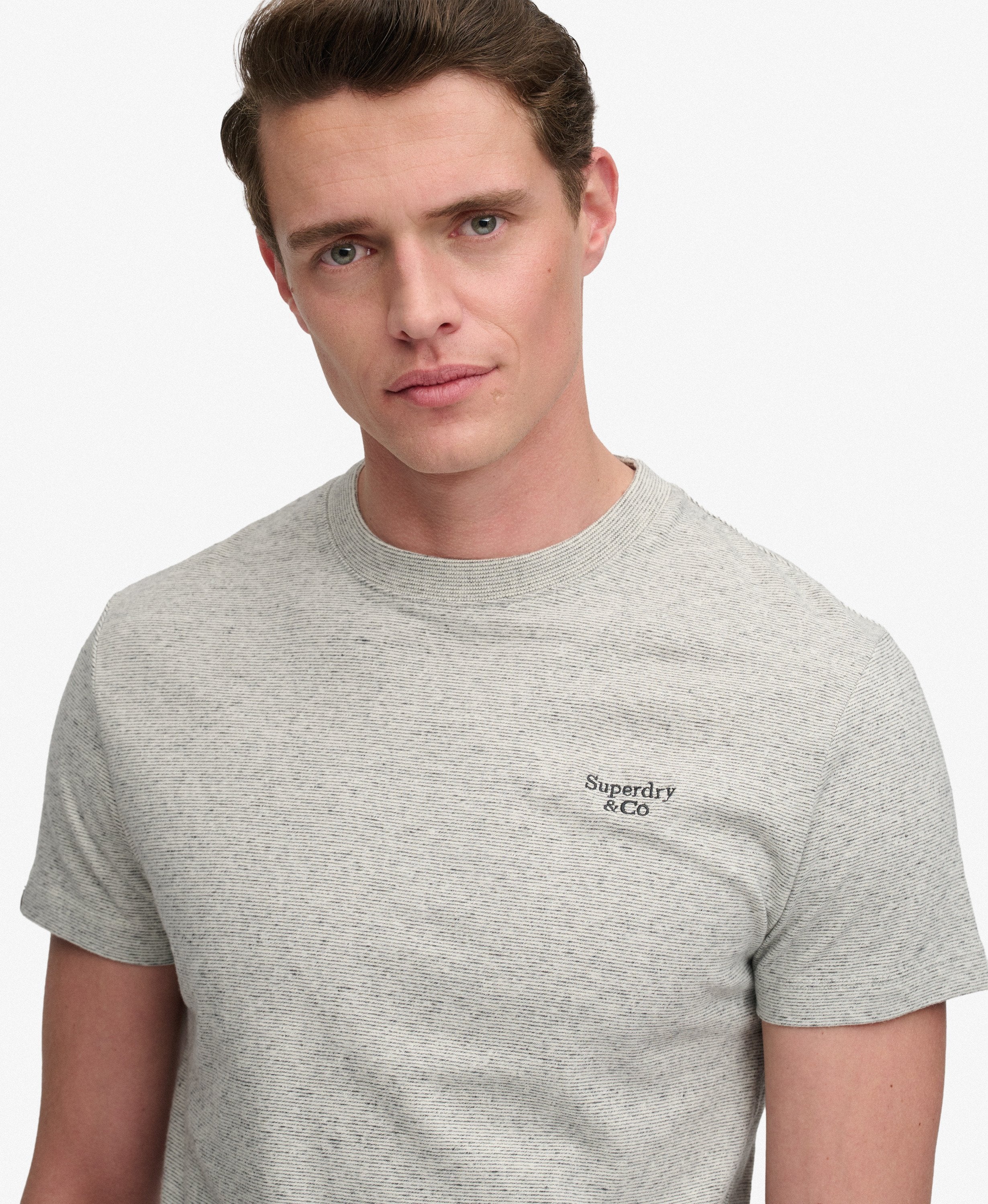Superdry Essential Serif Logo Embroidered Tee in Light Grey Grindle Feeder/Grey upper body view