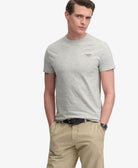 Superdry Essential Serif Logo Embroidered Tee in Light Grey Grindle Feeder/Grey on model