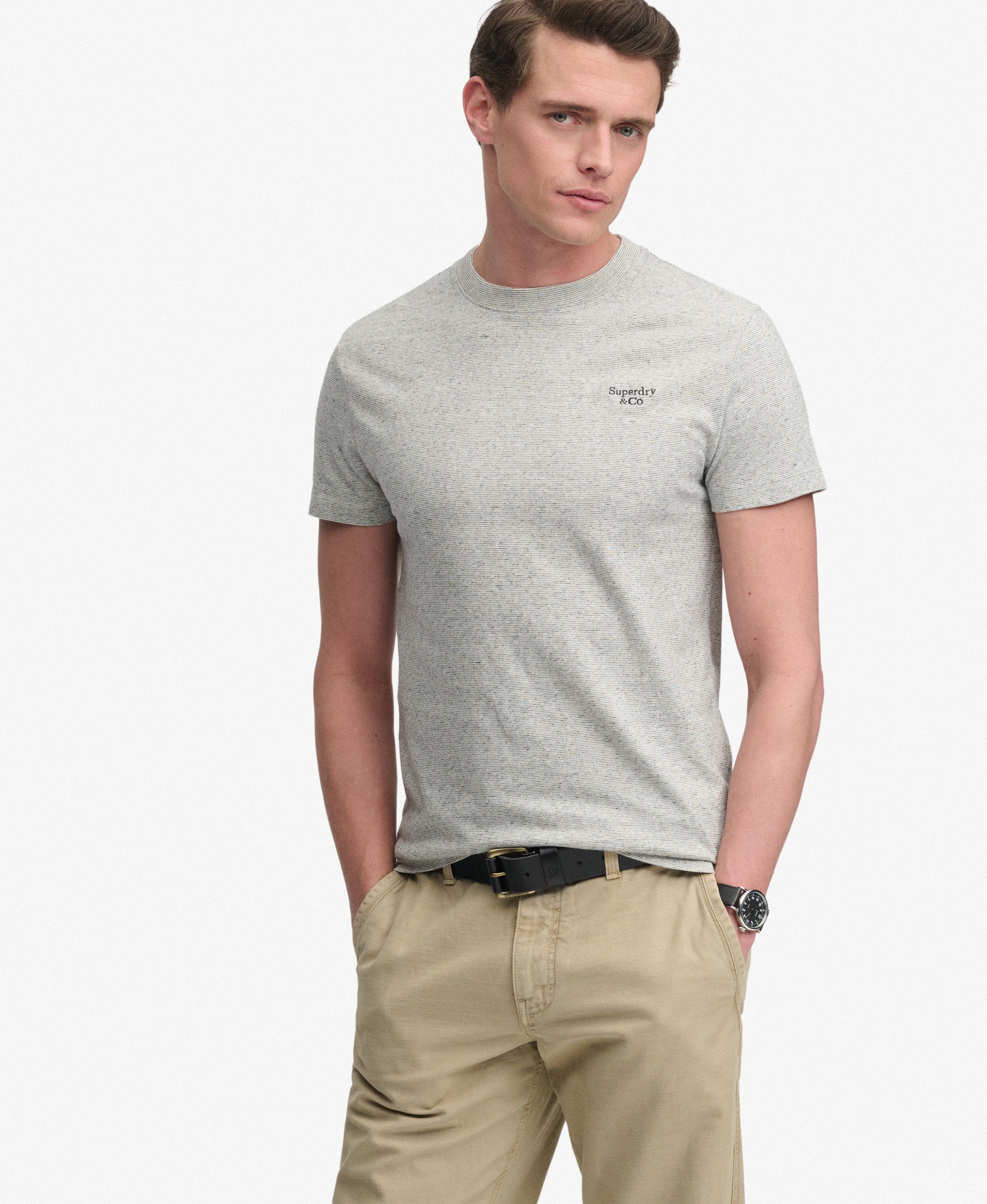 Superdry Essential Serif Logo Embroidered Tee in Light Grey Grindle Feeder/Grey on model