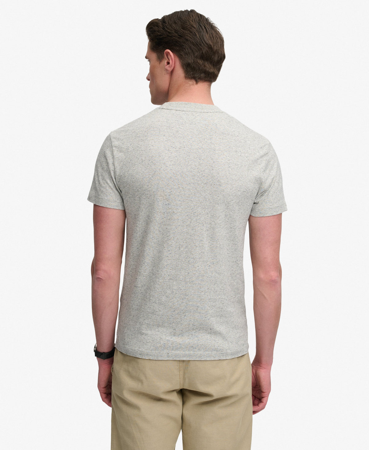 Superdry Essential Serif Logo Embroidered Tee in Light Grey Grindle Feeder/Grey angled view on model back view