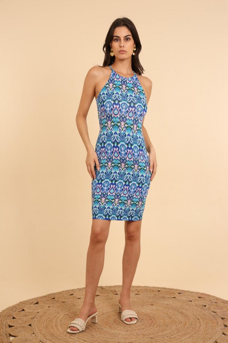 Ladies Blue Short Printed Dress-Front View
