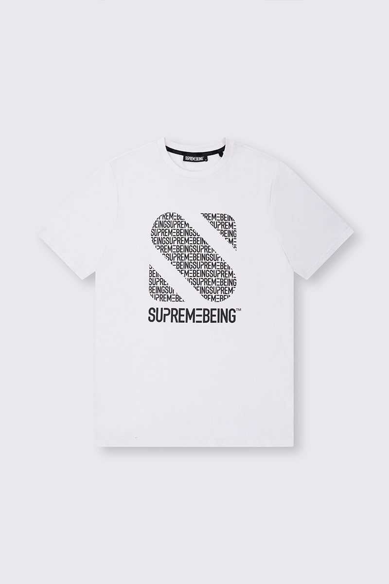 White t-shirt with black logo and text on a white background