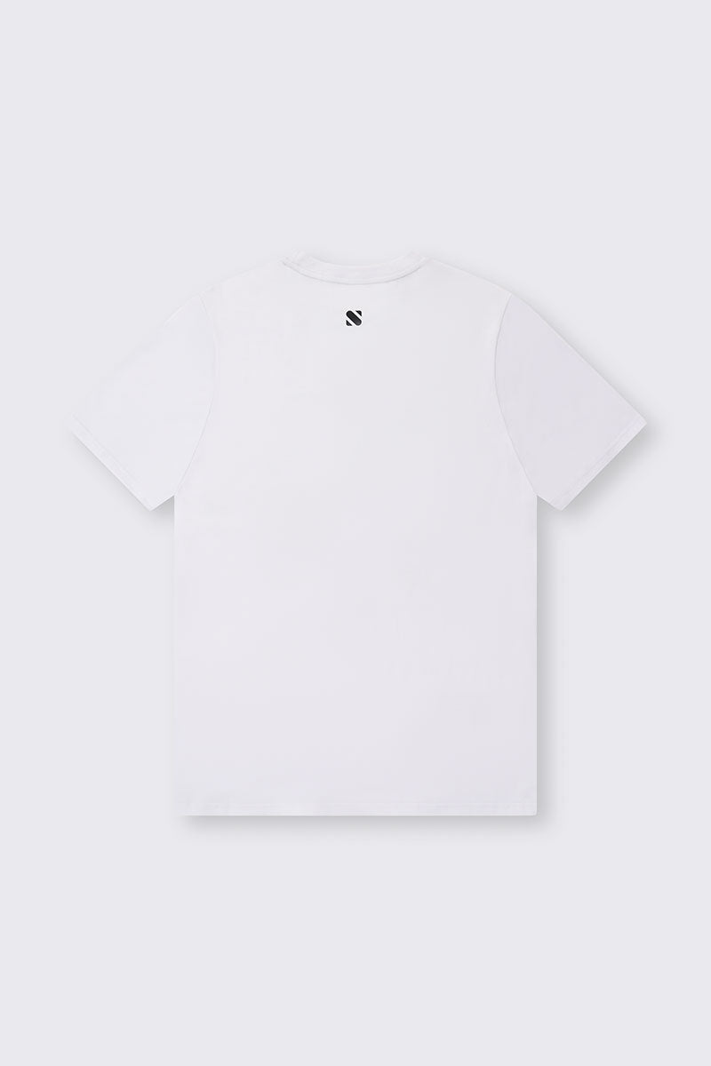 White t-shirt with a black logo on a white background