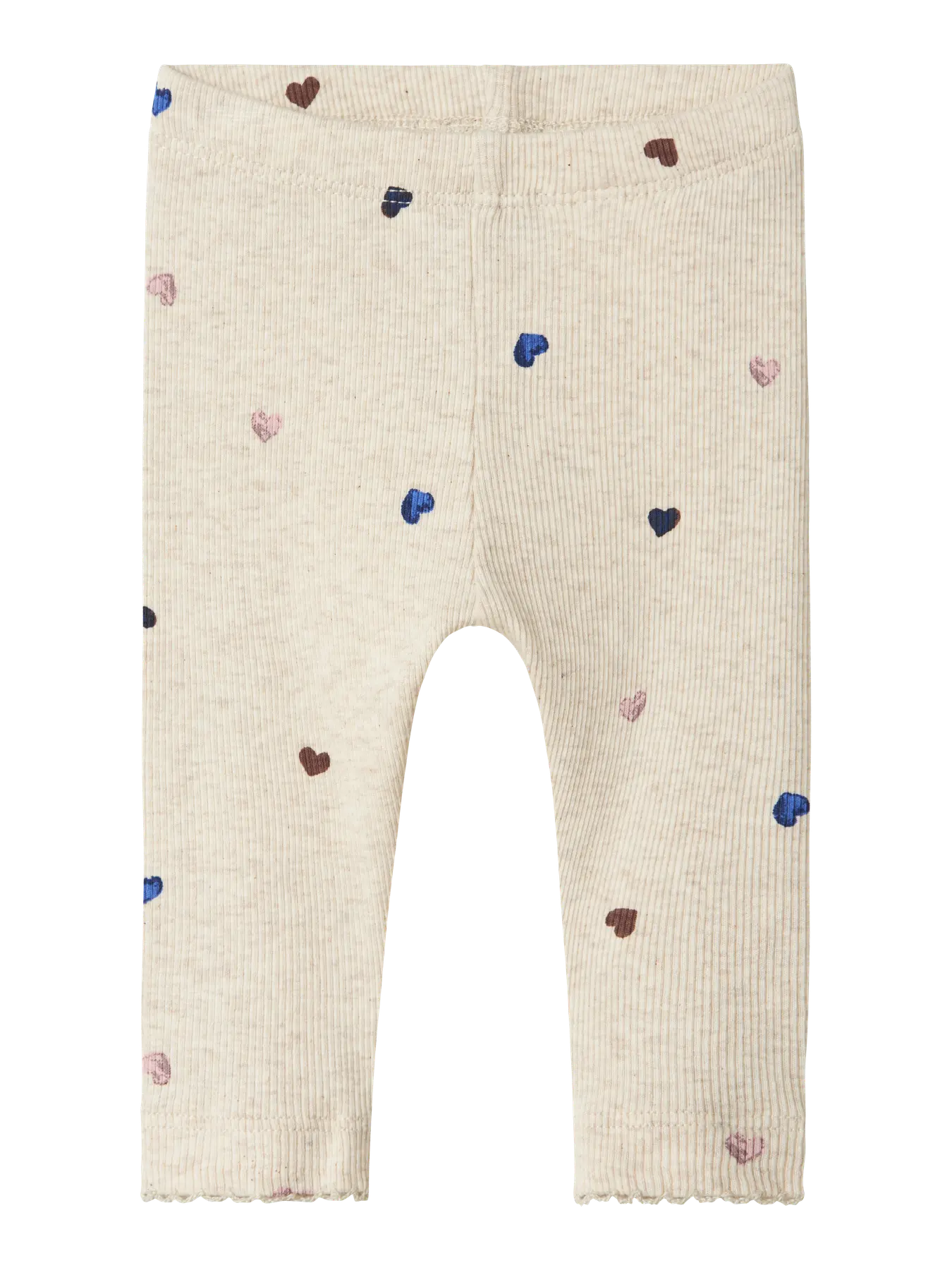 Beige baby leggings with colorful heart patterns on a white background