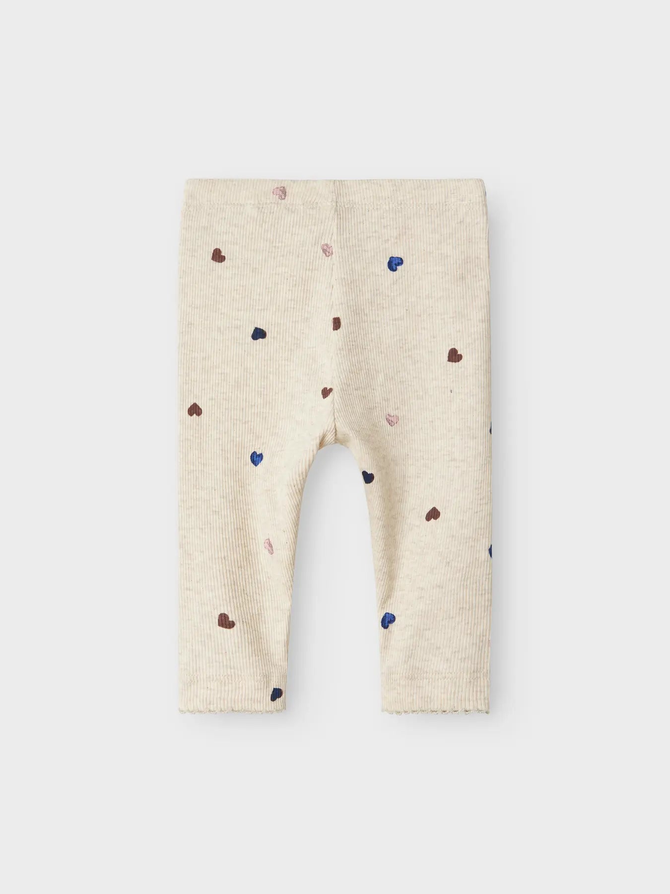 Beige baby leggings with colorful heart patterns on a white background