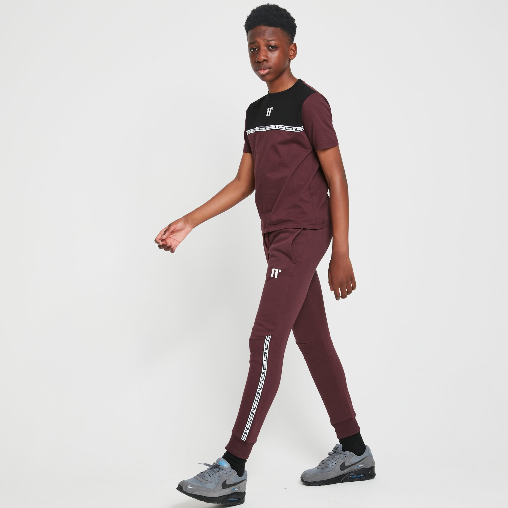 Junior Boys Taped Mulled Red Joggers-Full model view