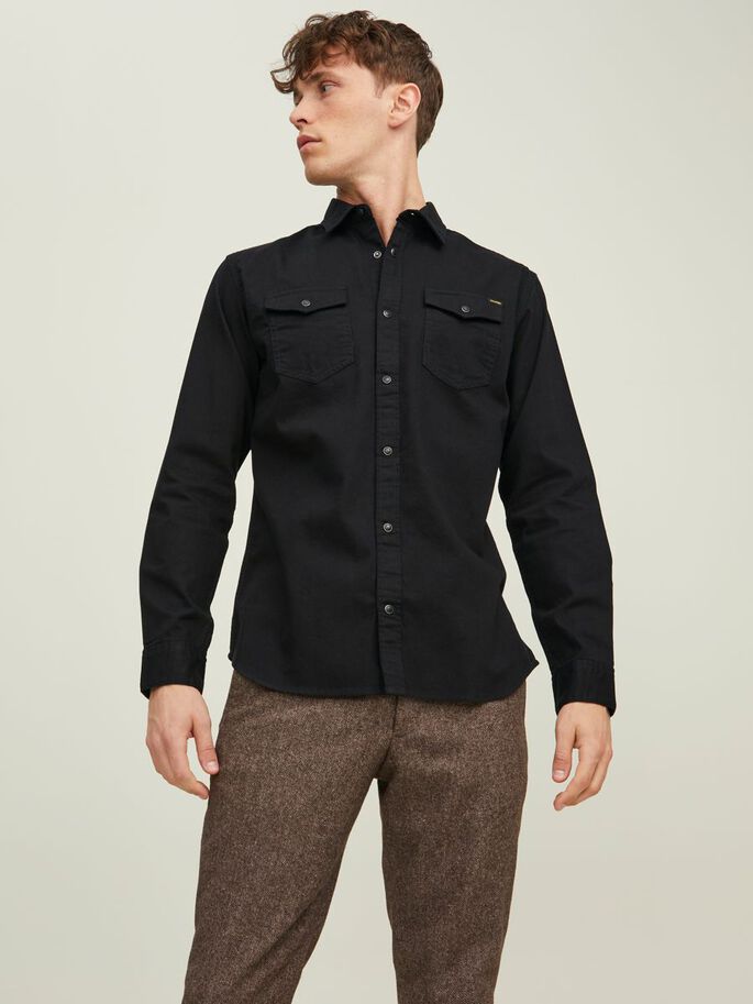 Jack and Jones Sheridan black denim slim fit shirt worn by model front view