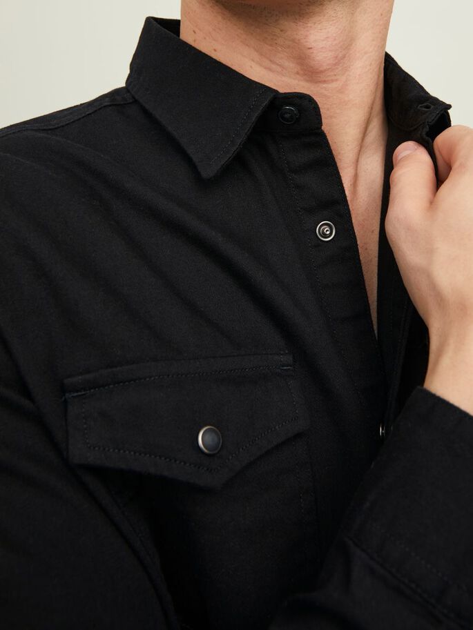 Jack and Jones Sheridan black denim shirt button fastening detail