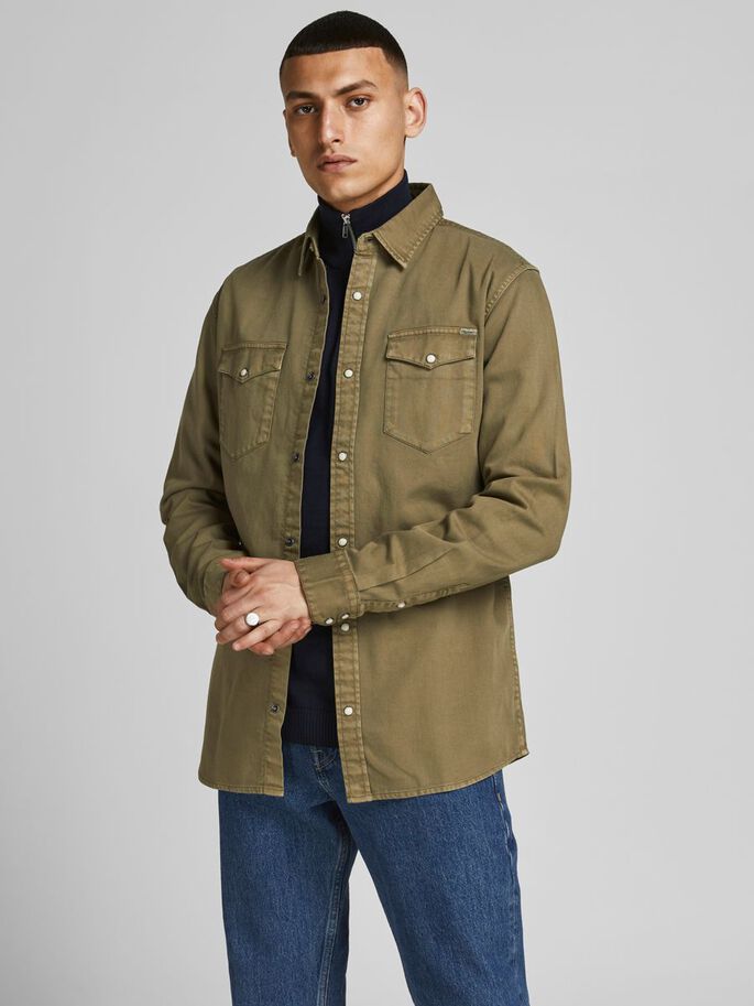 JACK & JONES Sheridan Denim Slim Fit Long Sleeve Shirt Forest Night front view