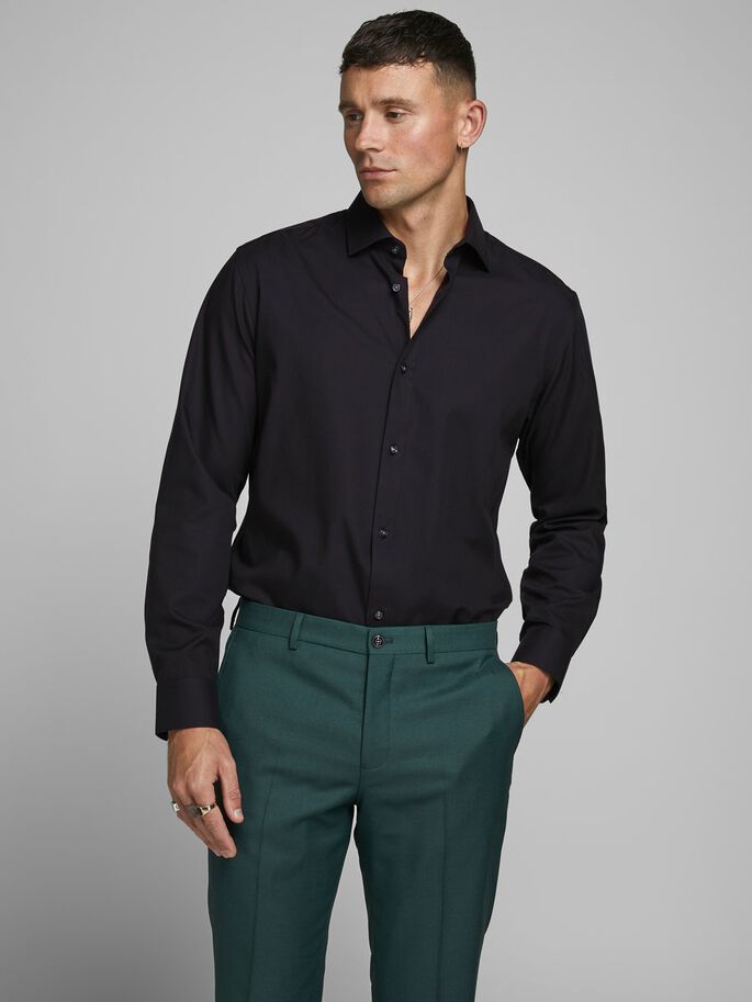 Men's Slim Fit Royal Shirt Long Sleeve/Black-Model Front View