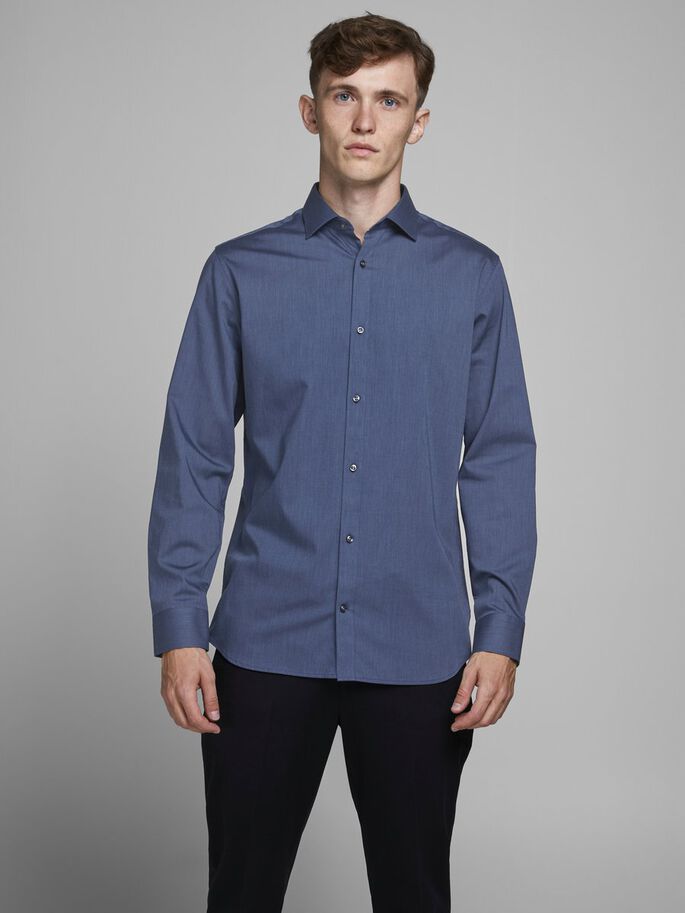 Men's Slim Fit Royal Shirt Long Sleeve/Navy Blazer-Model Front View