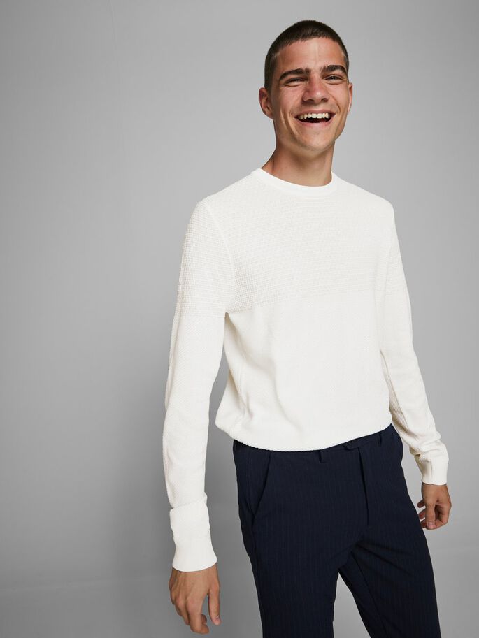 JACK JONES PREMIUM Camp Structure Crew Knit White front view