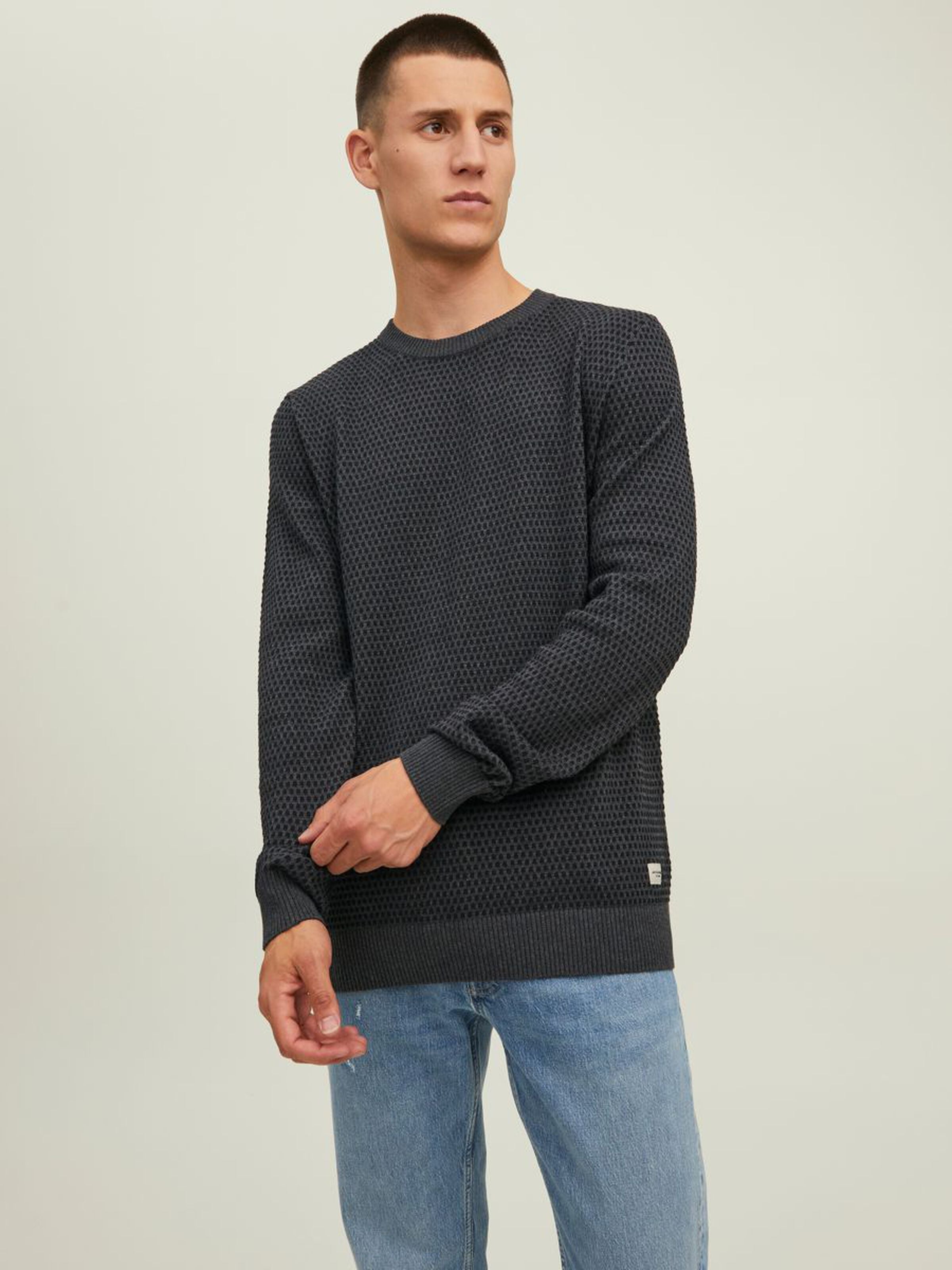 JACK & JONES Atlas Knit Crew Neck Dark Grey Melange Dark Grey Melange front view