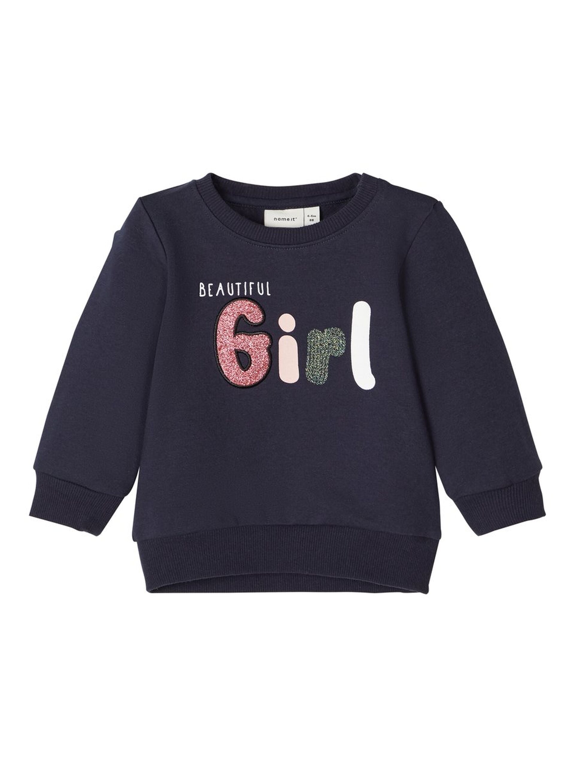 NAME IT Glittery Print Belinda Sweatshirt NAVY front view