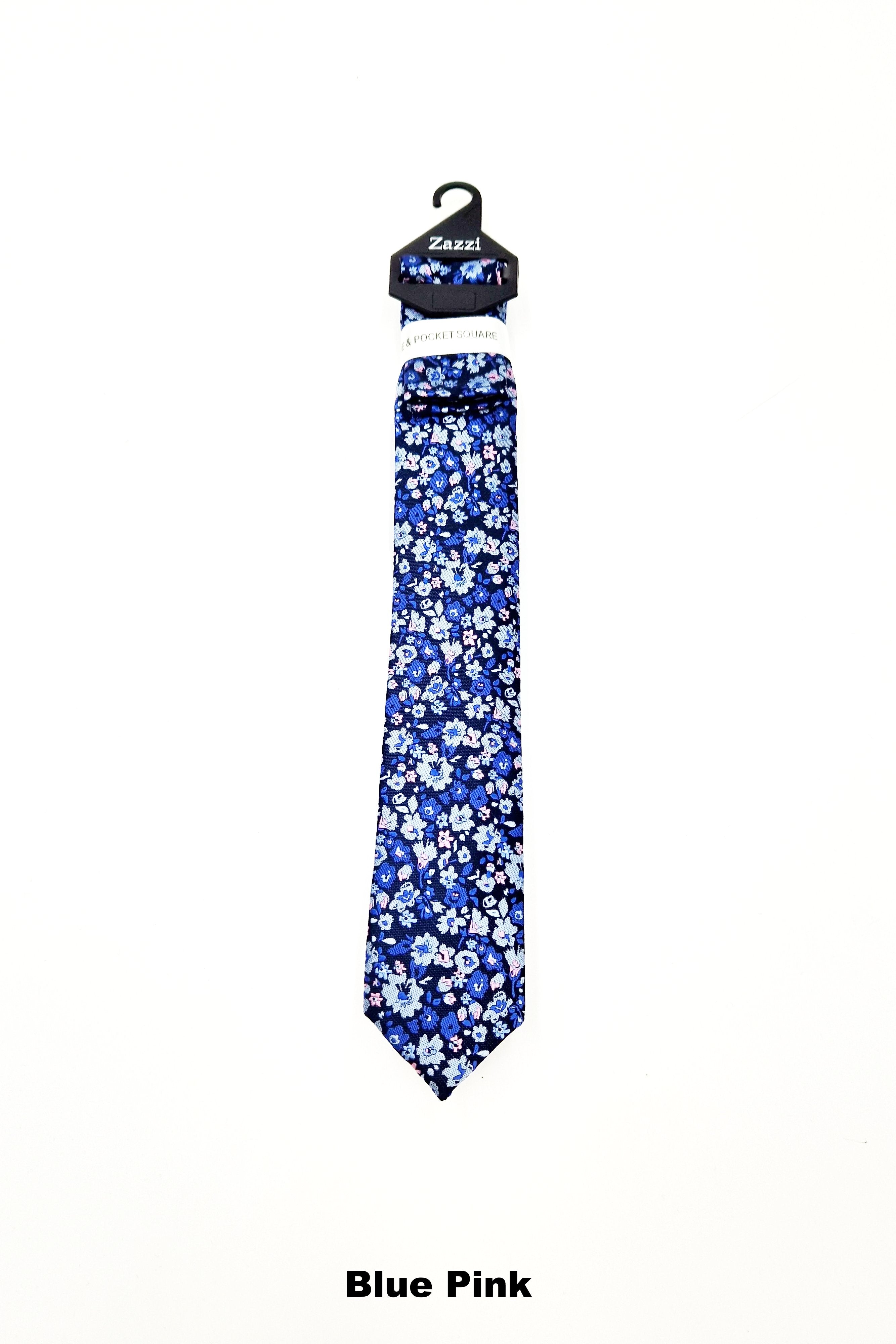 Zazzi Boyswear Zazzi Pattern Kid Boys Tie & Pocket Square Blue Pink front view