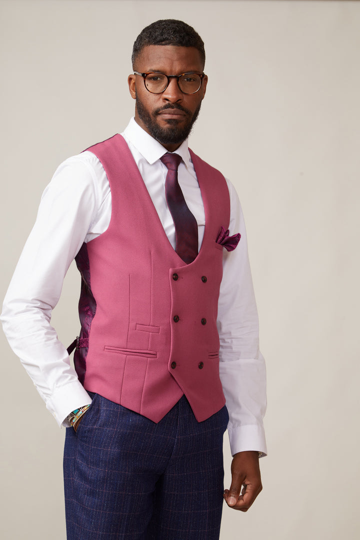 MARC DARCY Kelvin Double Breasted Berry Waistcoat Berry front view