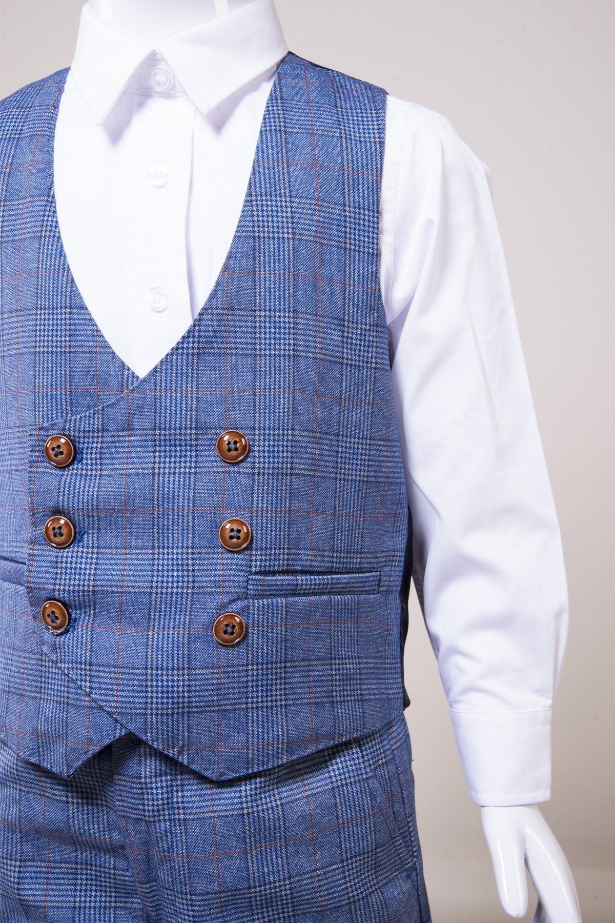 Second front view of boys sky 3 piece suit